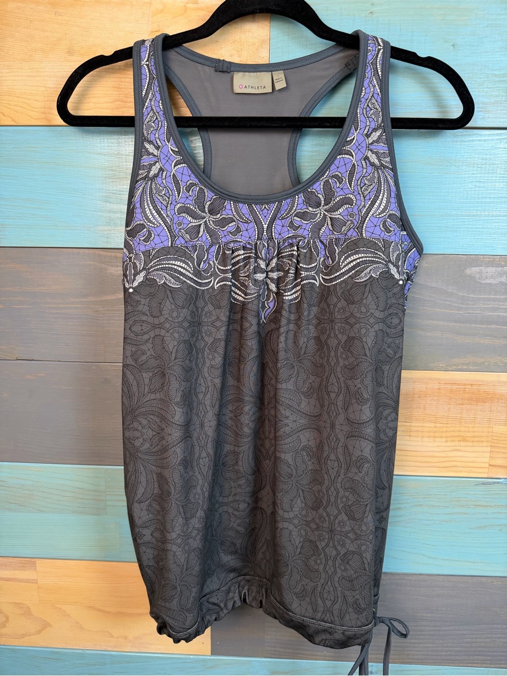 Athleta Tinker Tank Top with Purple Grey Floral Yoke Draw String Bottom Workout